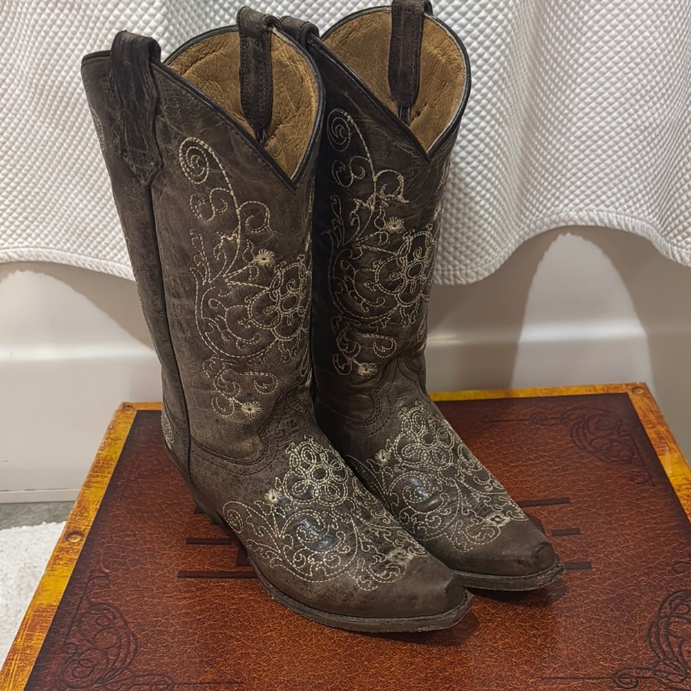Corral Brown Ankle Booties with Intricate Embroidery